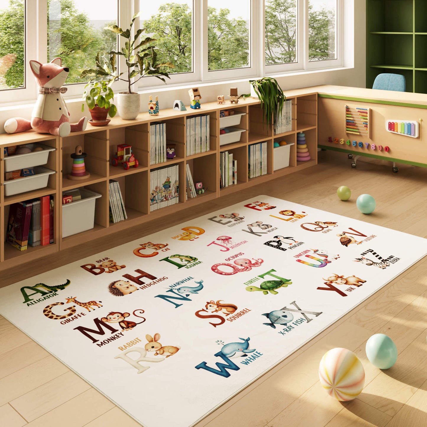 Children's room with a rug featuring alphabet letters and animal illustrations, surrounded by bookshelves and toys.