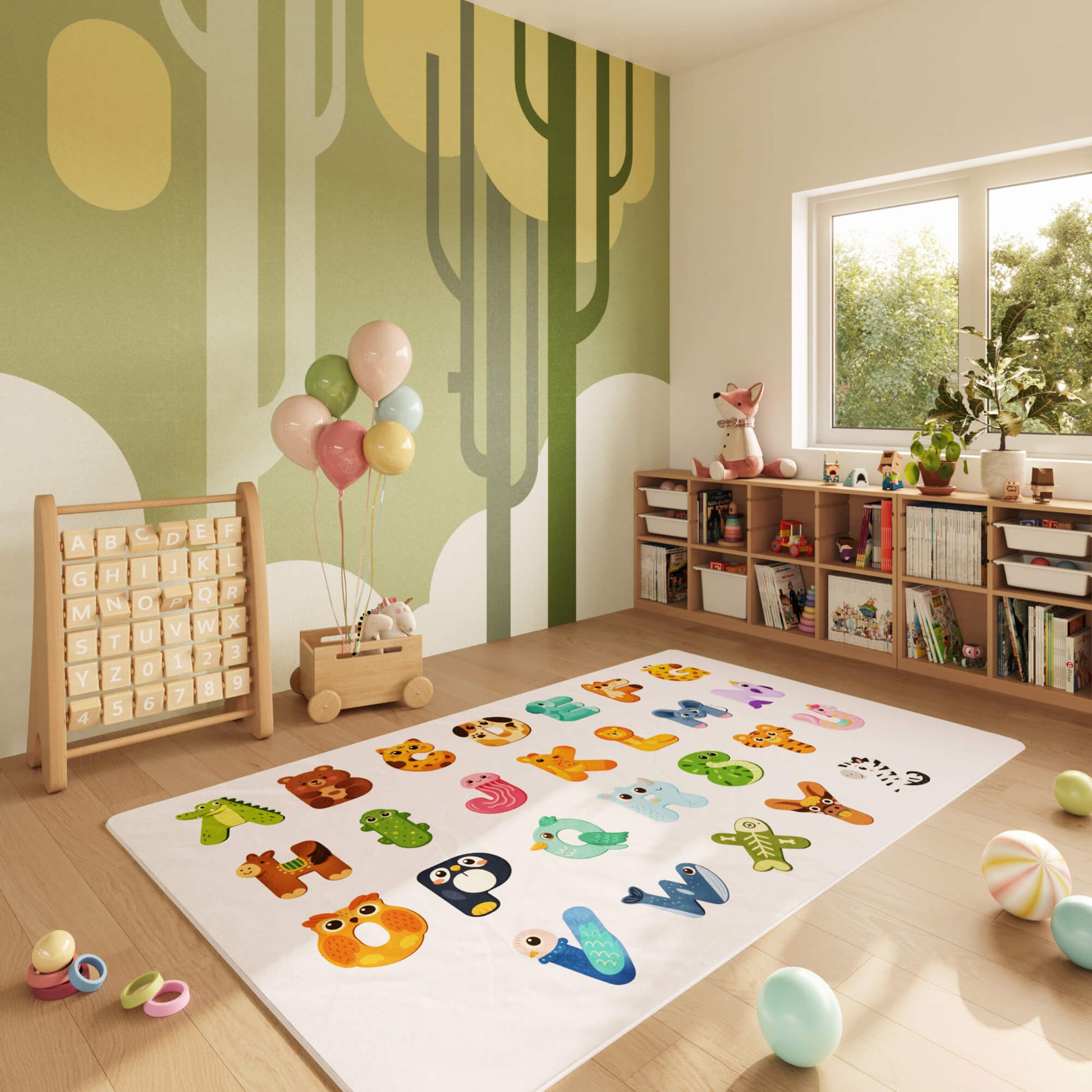 Children's playroom with a colorful rug, toys, and a bookshelf.