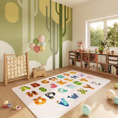 Children's playroom with a colorful rug, toys, and a bookshelf.