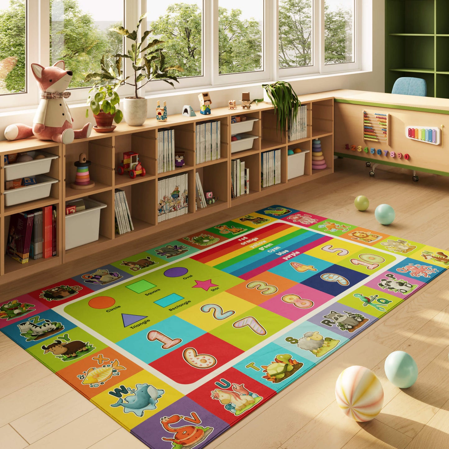 Children's playroom with a colorful educational rug, shelves, and toys.